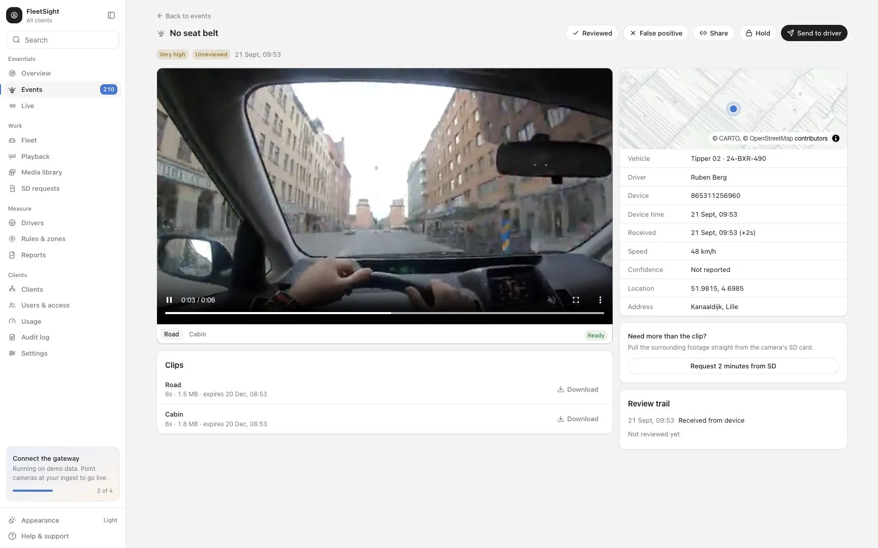 A FleetSight event: the clip, the map, device time against received time, the clips per channel and the review trail.