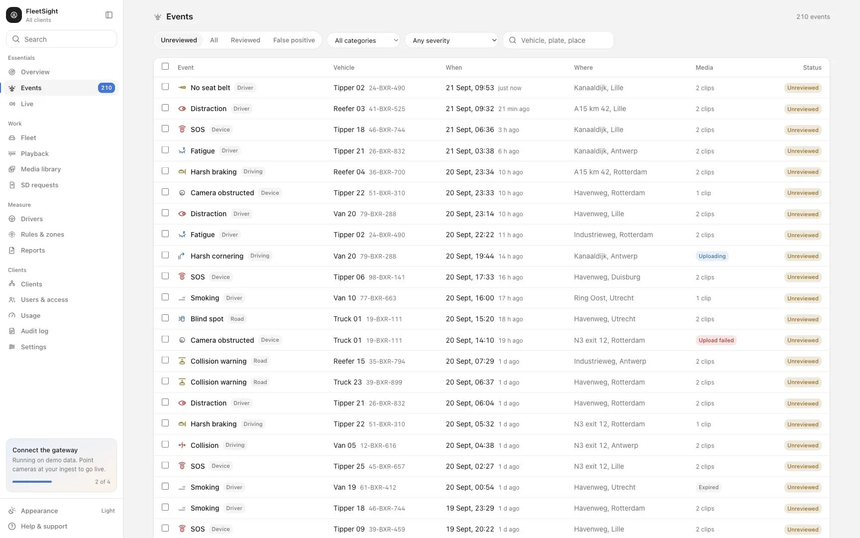 The FleetSight event queue: unreviewed AI events with vehicle, time, place, media and status.